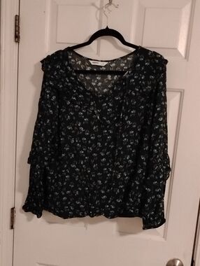Sonoma Black Blouse with Blue Floral Print and Ruffle Trim